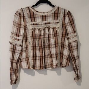 American Eagle Plaid Lace Trim Women's Top with cutout back